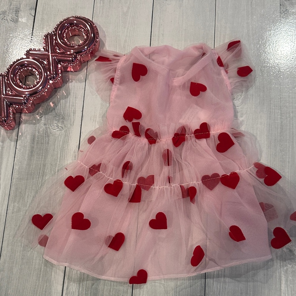 Pink Tulle Dog Dress with Red Hearts - Cute Pet Party Dress